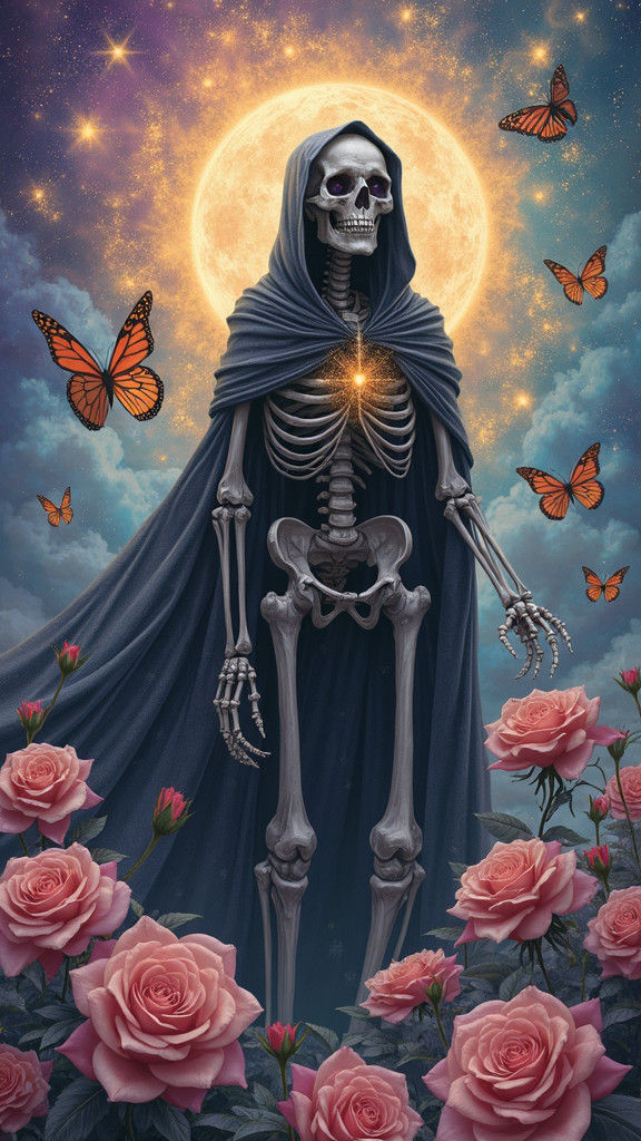 Mystical Skeleton with Roses and Butterflies in Astral Setti...