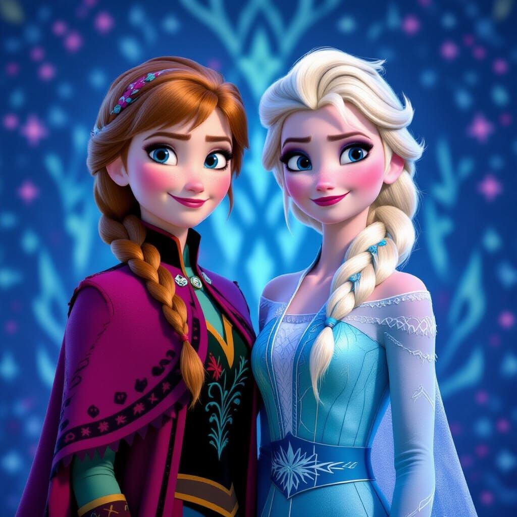 Anna and Elsa Frozen Characters in Hyperrealistic Style