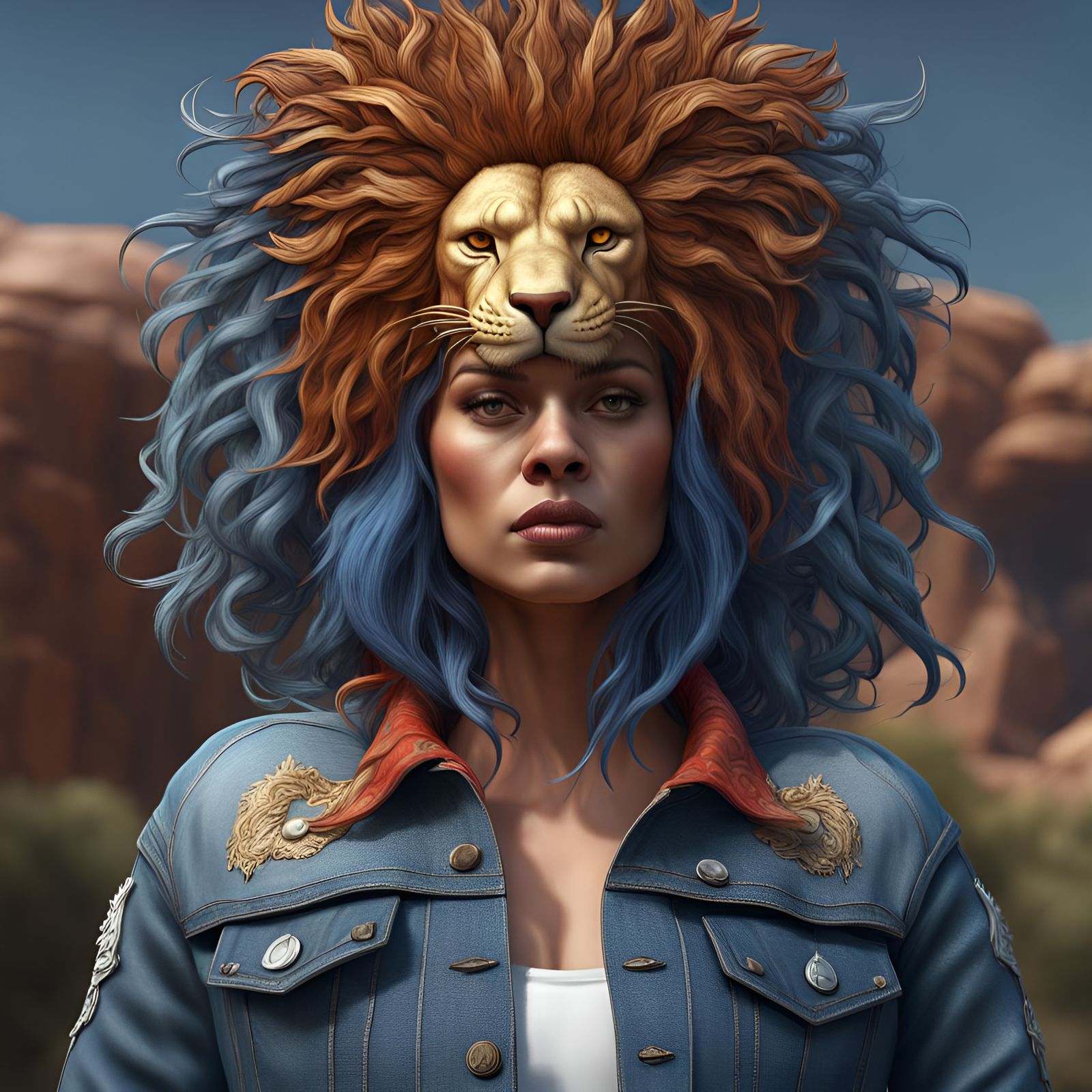 Surreal Lion-Headed Woman in Denim, Hyperrealistic Art
