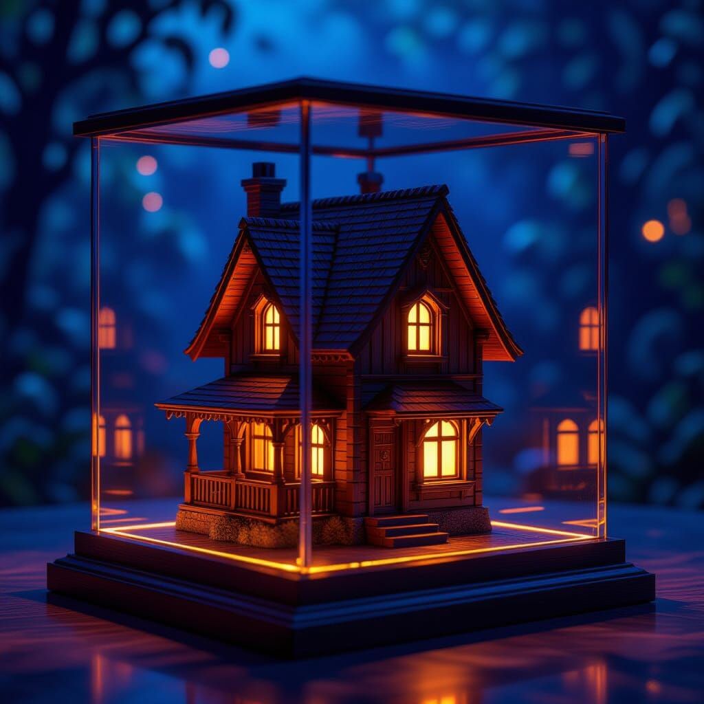 Intricate Wooden House Carving in Glass Case