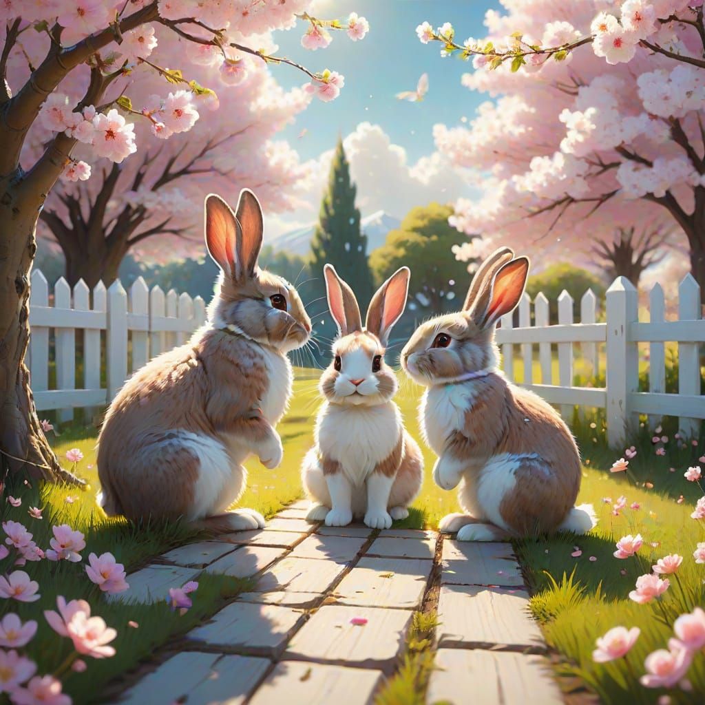 Bunnies Under Cherry Tree in Dreamy Lighting