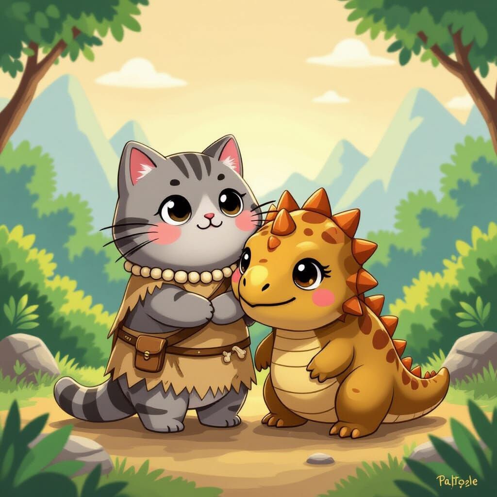 Kawaii Cat in Cavewoman Outfit Hugs Triceratops