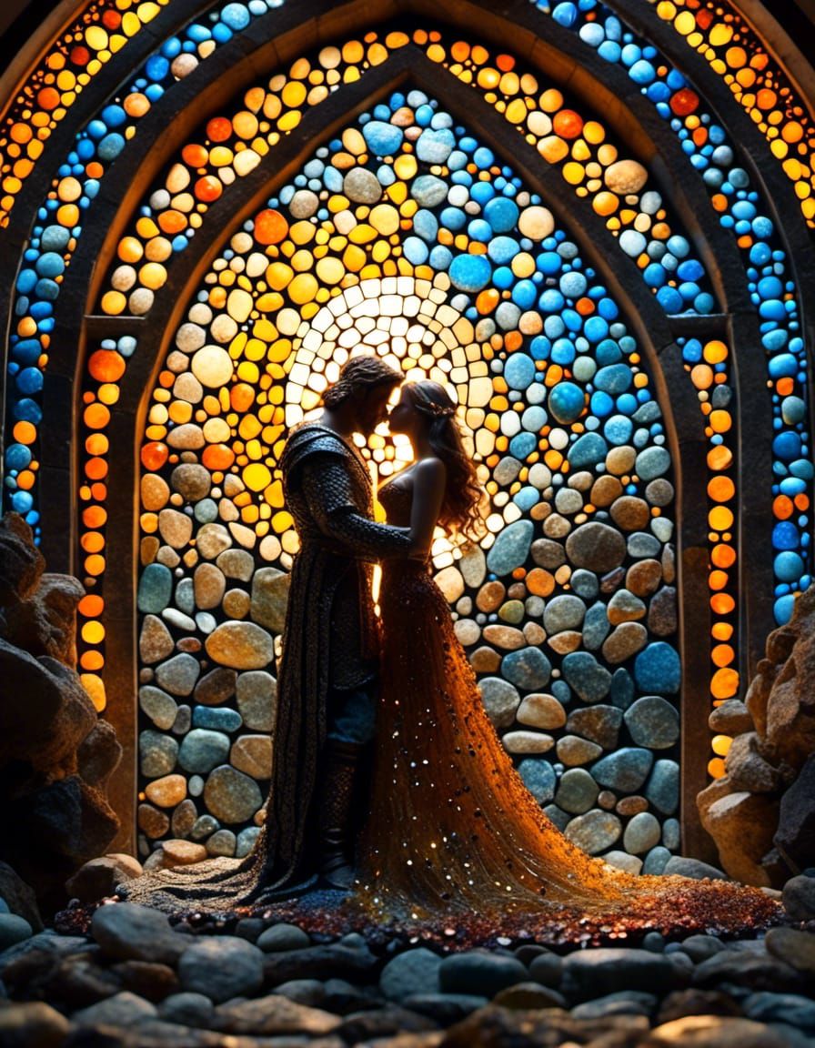 Medieval King and Queen Kissing in Pebble Art