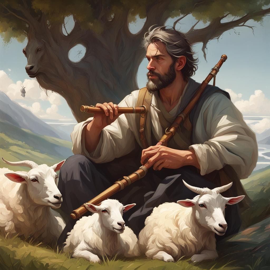 Shepherd in Mountain Landscape, Detailed Concept Art
