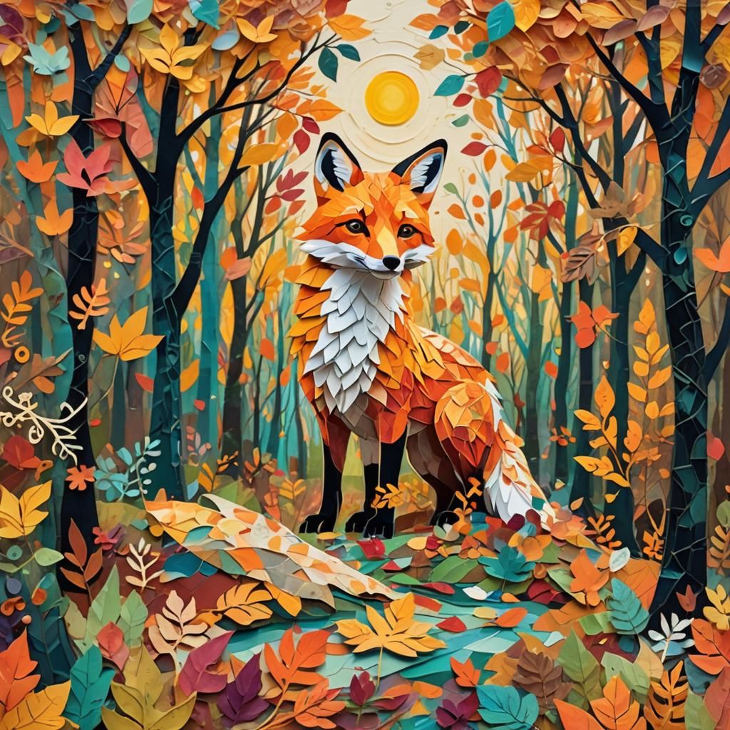 Whimsical Forest Paper Collage with Fox and Lantern