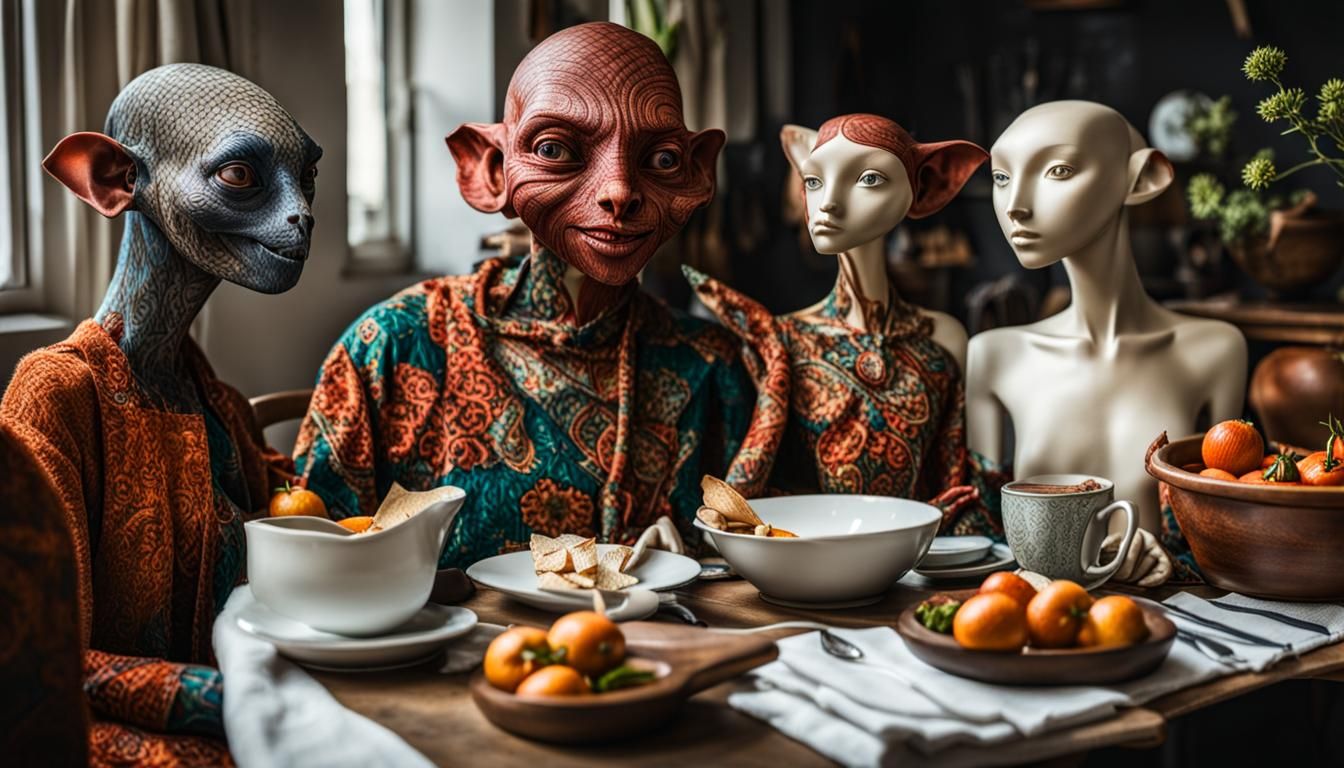 Surreal Restaurant Scene with Exotic Aliens, Professional Ph...