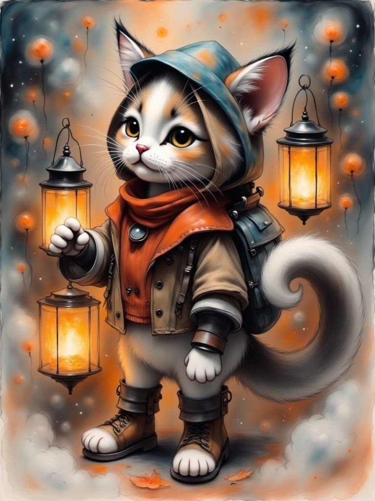 Anthropomorphic cat character with a soft, fluffy coat, dressed in warm, earthy-toned clothing and rugged boots, standin...
