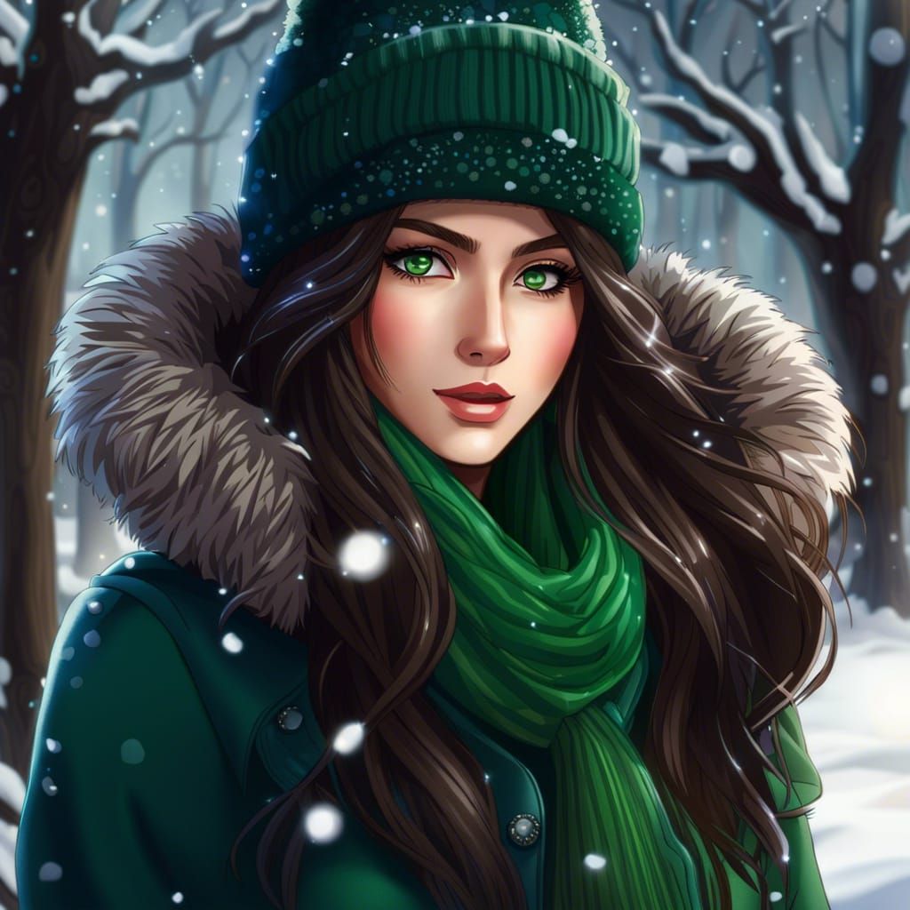 Anime Woman in Winter Landscape, Detailed Digital Art