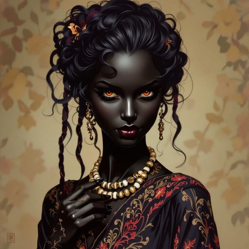 Elegant Woman with Wine Red Lips in Art Nouveau Style