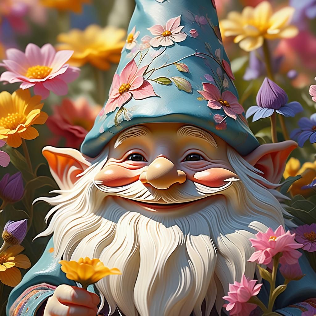 Smiling Gnome Amongst Flowers, Whimsical Digital Art