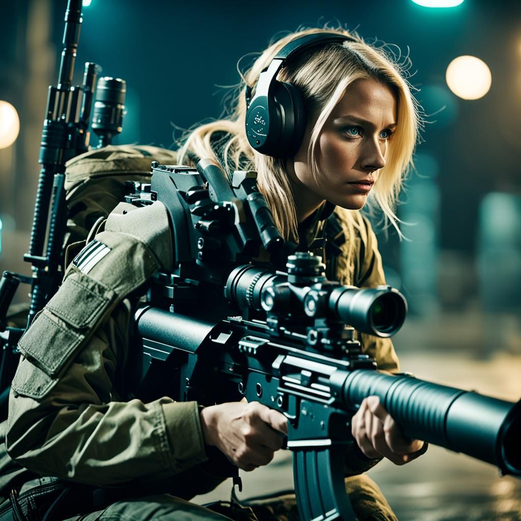 Female Soldier in Desolate Cityscape: Film Noir Style