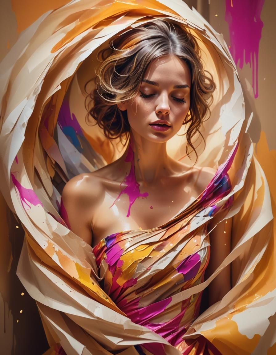 Ethereal Woman Emerges from Paper Cocoon