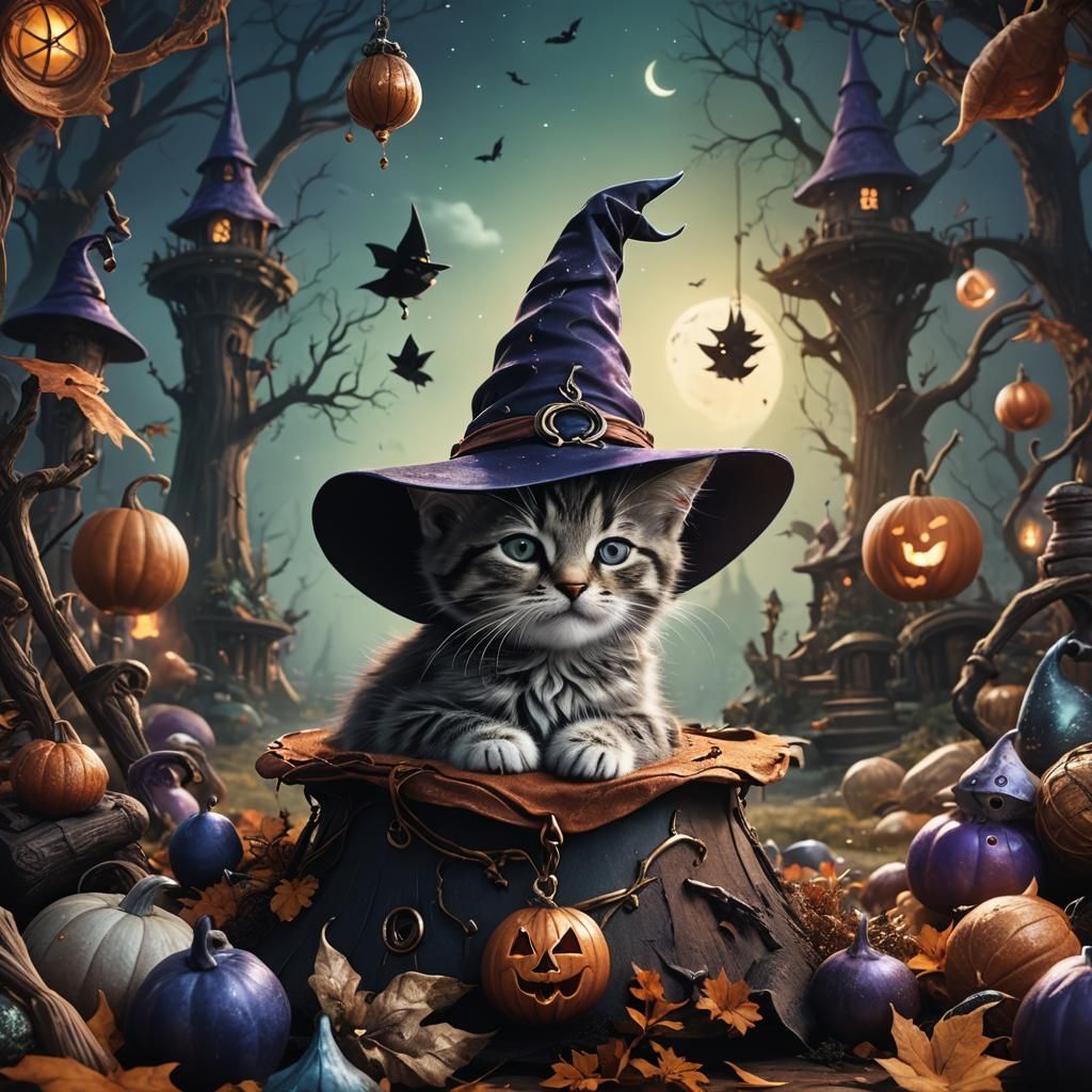 Kitten Nap in Witch Hat: Fantasy Concept Art