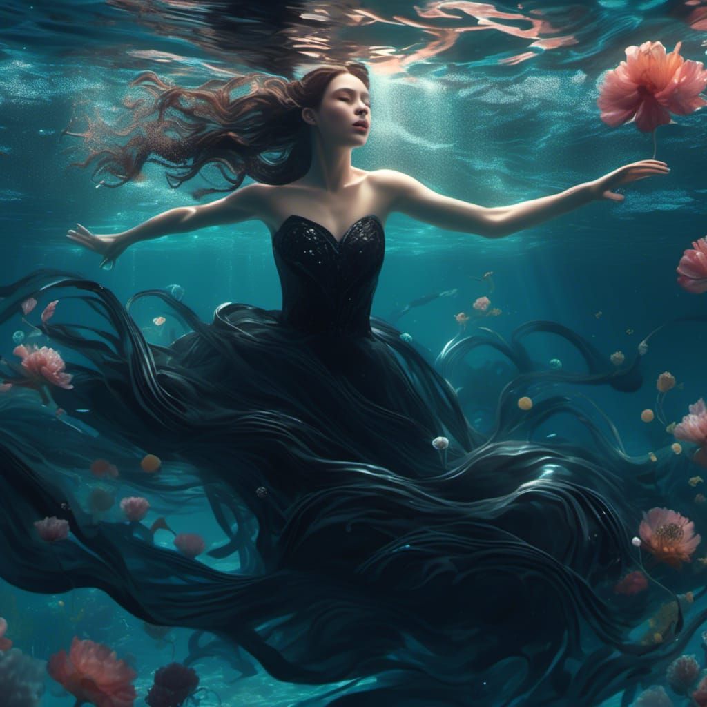 Eerily Pale Woman Swimming Underwater in Black Gown