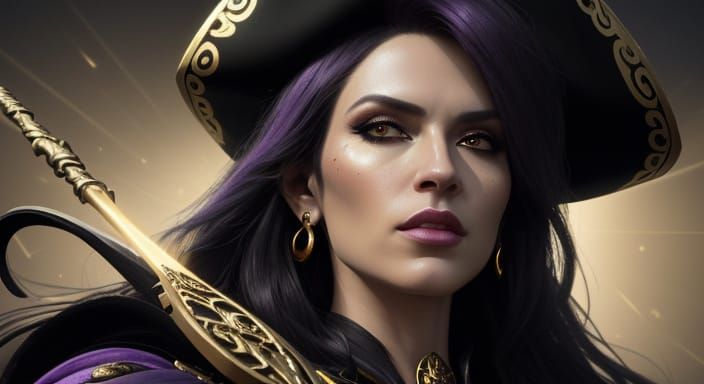 Mystical Sorceress Pirate in Ornate Black and Gold Regalia