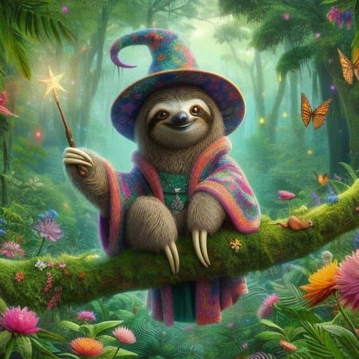 Whimsical Sloth Wizard in Enchanted Forest