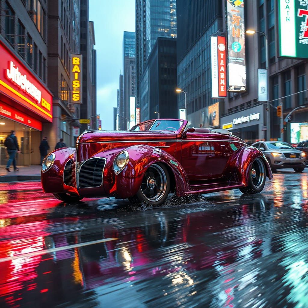 Cyberpunk Roadster Races Through Dystopian Cityscape