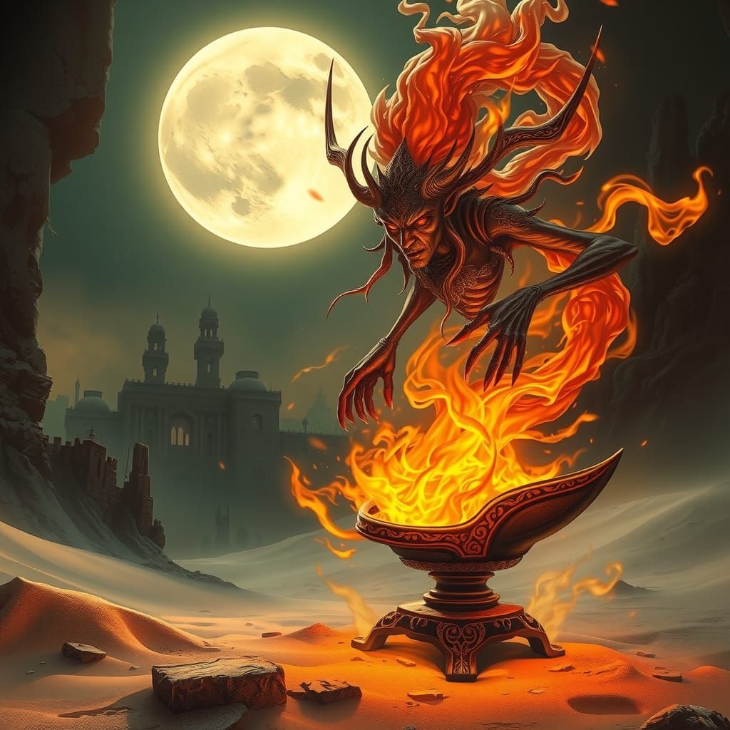 Ethereal Djinn Emerges from Ancient Lamp