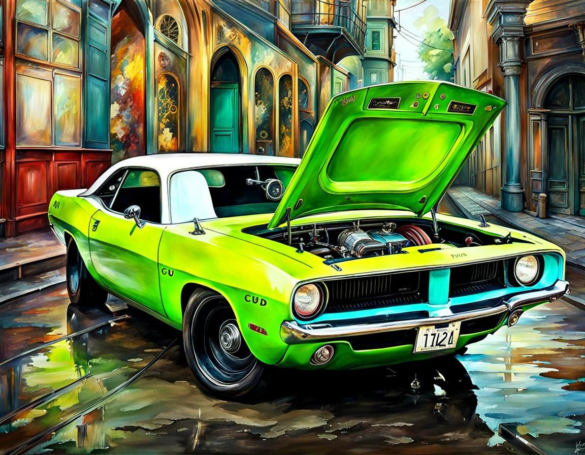Steampunk Plymouth Cuda in Lime Green Digital Art