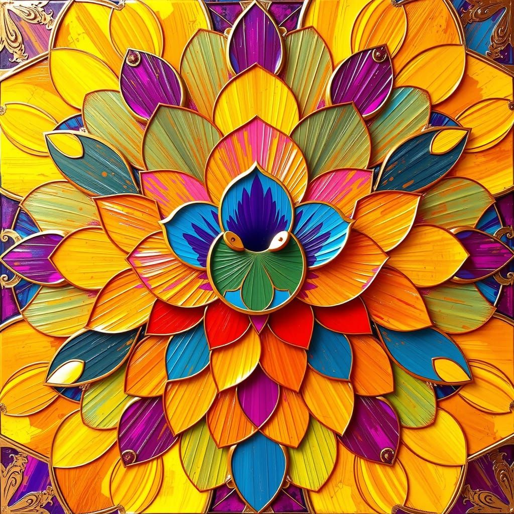 Vibrant, Abstracted Scales in Impasto Colors with Gold Accen...