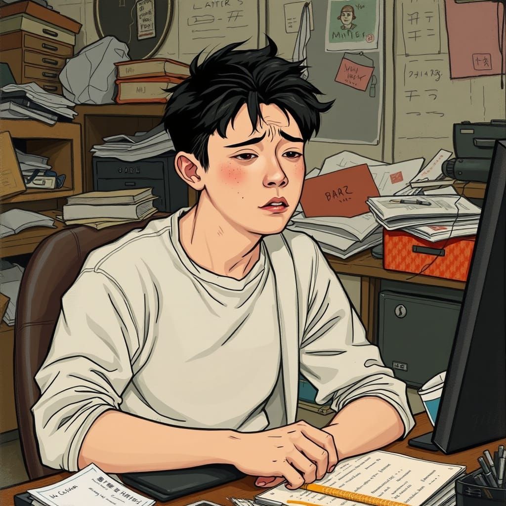 Frustrated Student at Desk in Illustrative Style