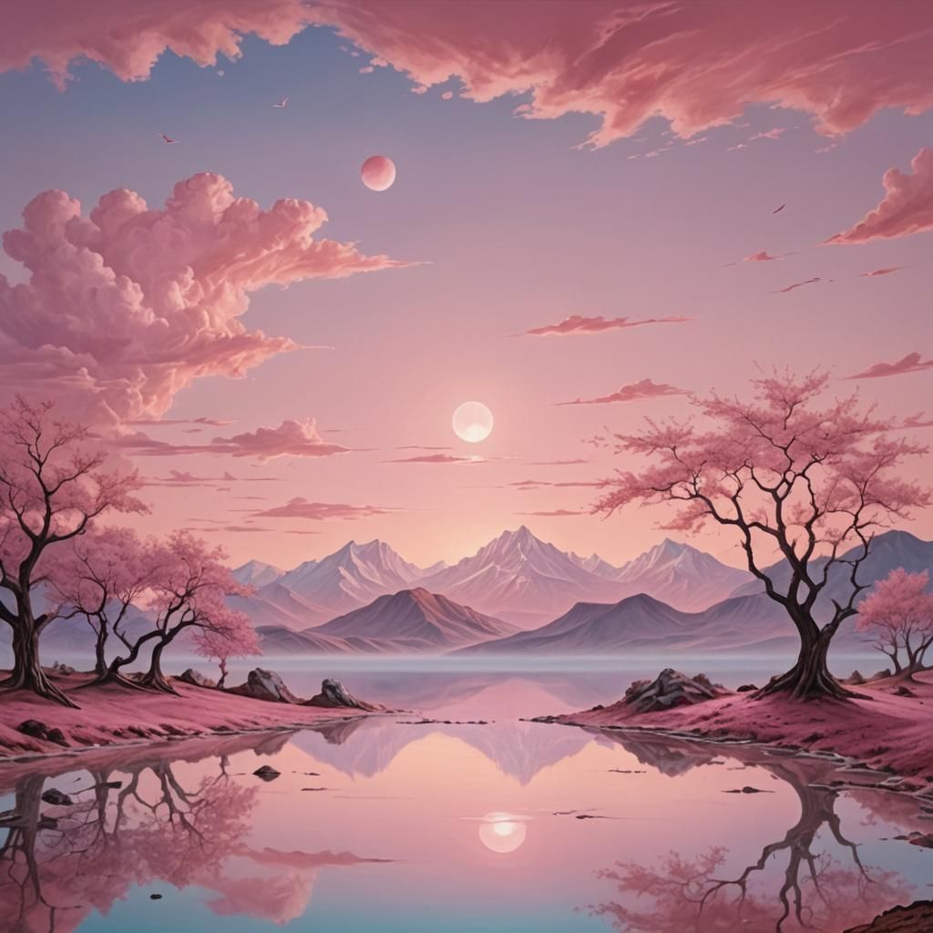 Enchanting Pink Paradise in Vibrant Oil Painting Style