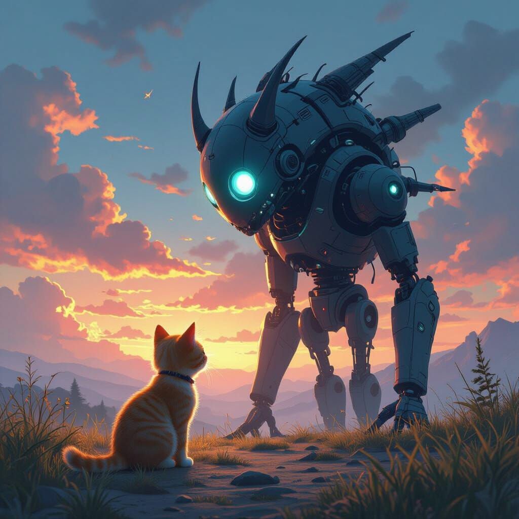 Giant Cute Mouse and Tiny Scared Cat in Cartoon Style