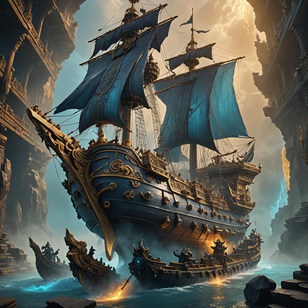 Dechu's Ship with Magical Engine: Digital Fantasy Art