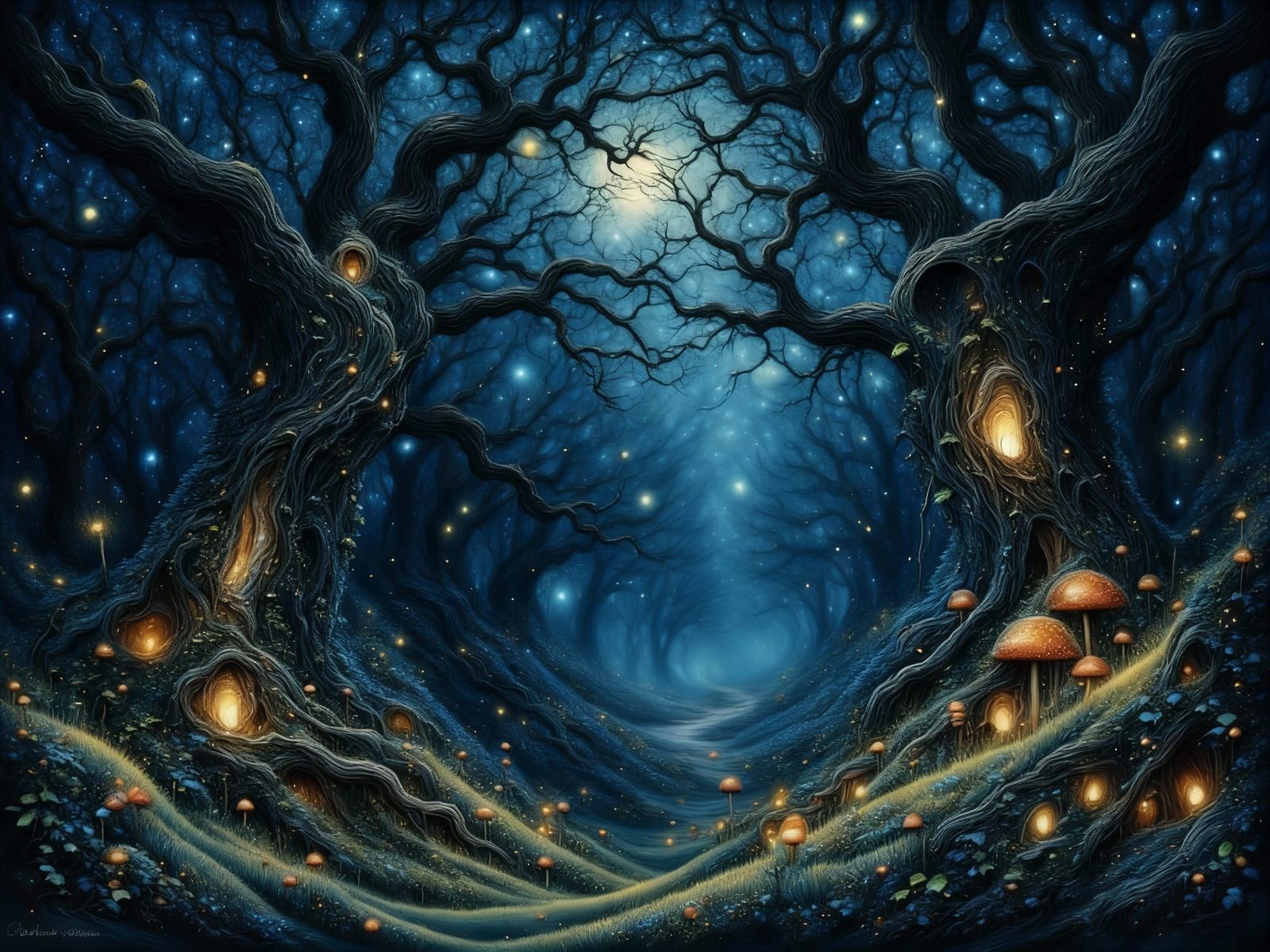 Forest Elementals in Ancient Woods at Night