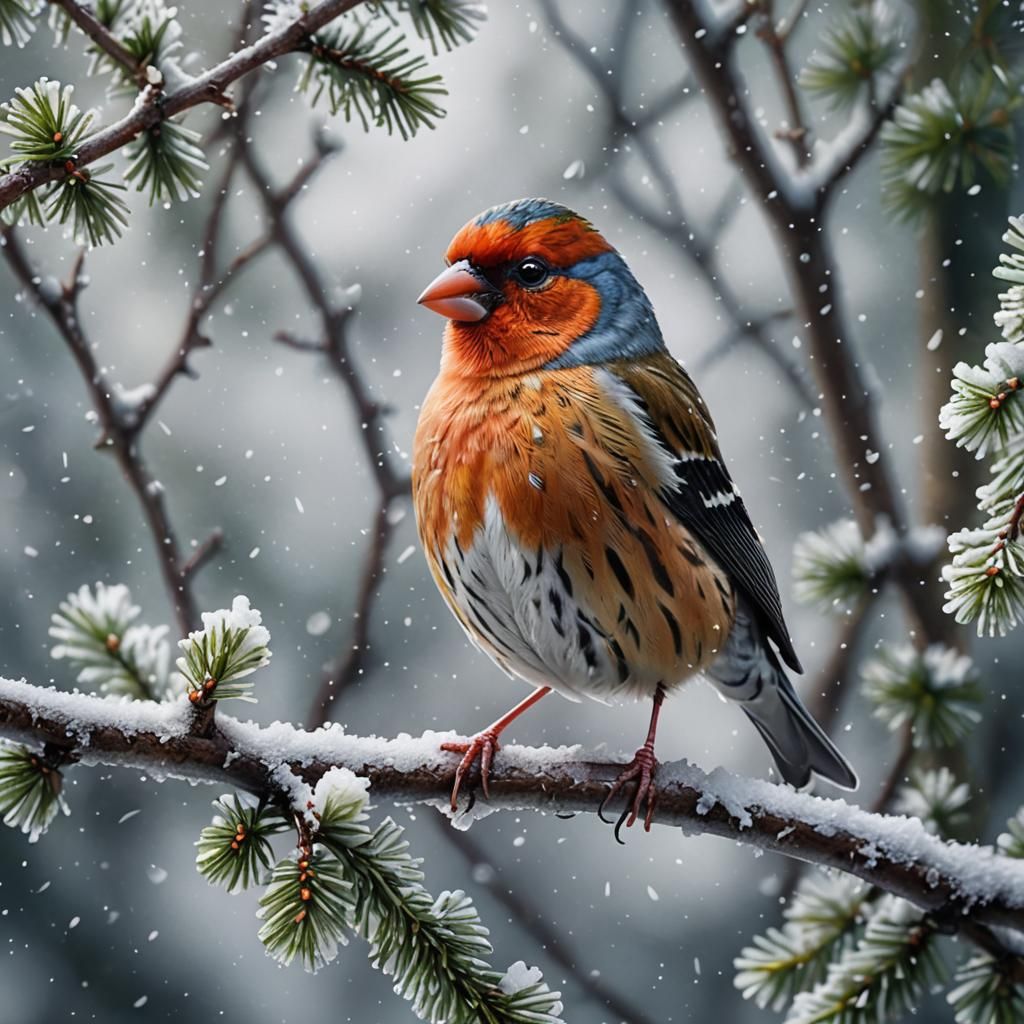 Colorful Finch in Winter Coat, Digital Art