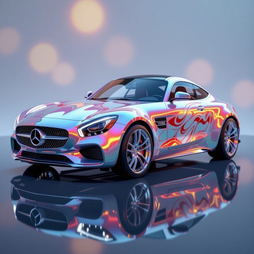 Iridescent Glass Car Sculpture with Flame Patterns