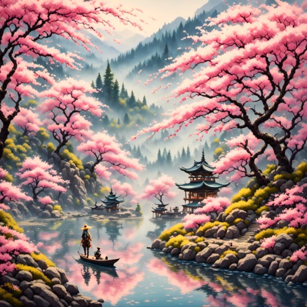 Dreamy Waterfalls and Cherry Blossoms in Bloom