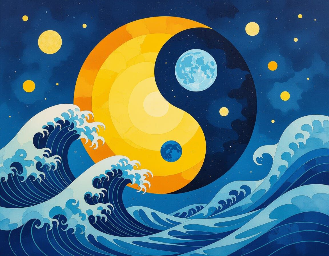 Surreal Yin Yang with Sun and Moon in Watercolor