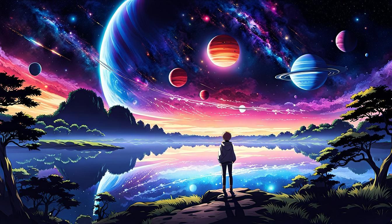 Person Watches Colorful Universe in Anime Style
