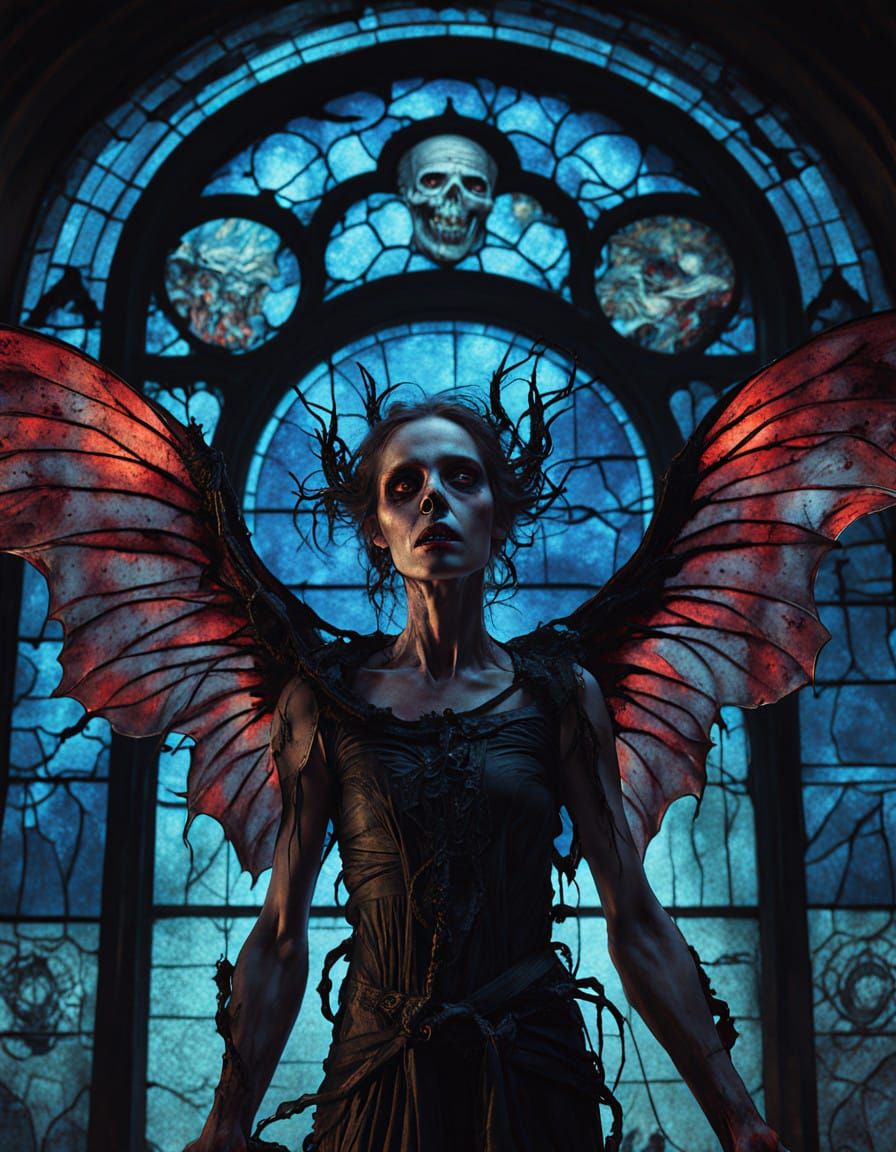 Grotesque, Black-Eyed Fairy Ghoul in Gothic Stained Glass Ha...