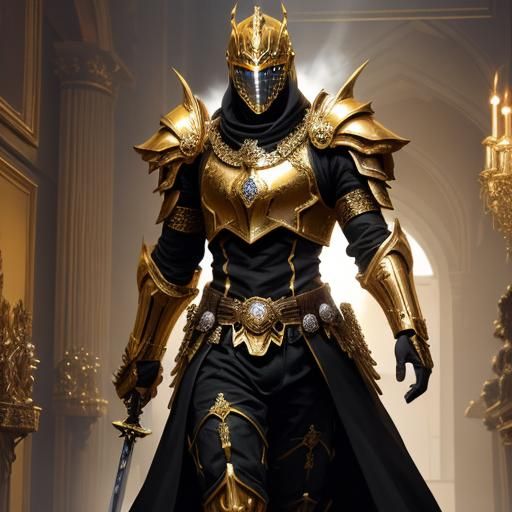 Golden Knight in Grand Hallway: Epic Cinematic Style
