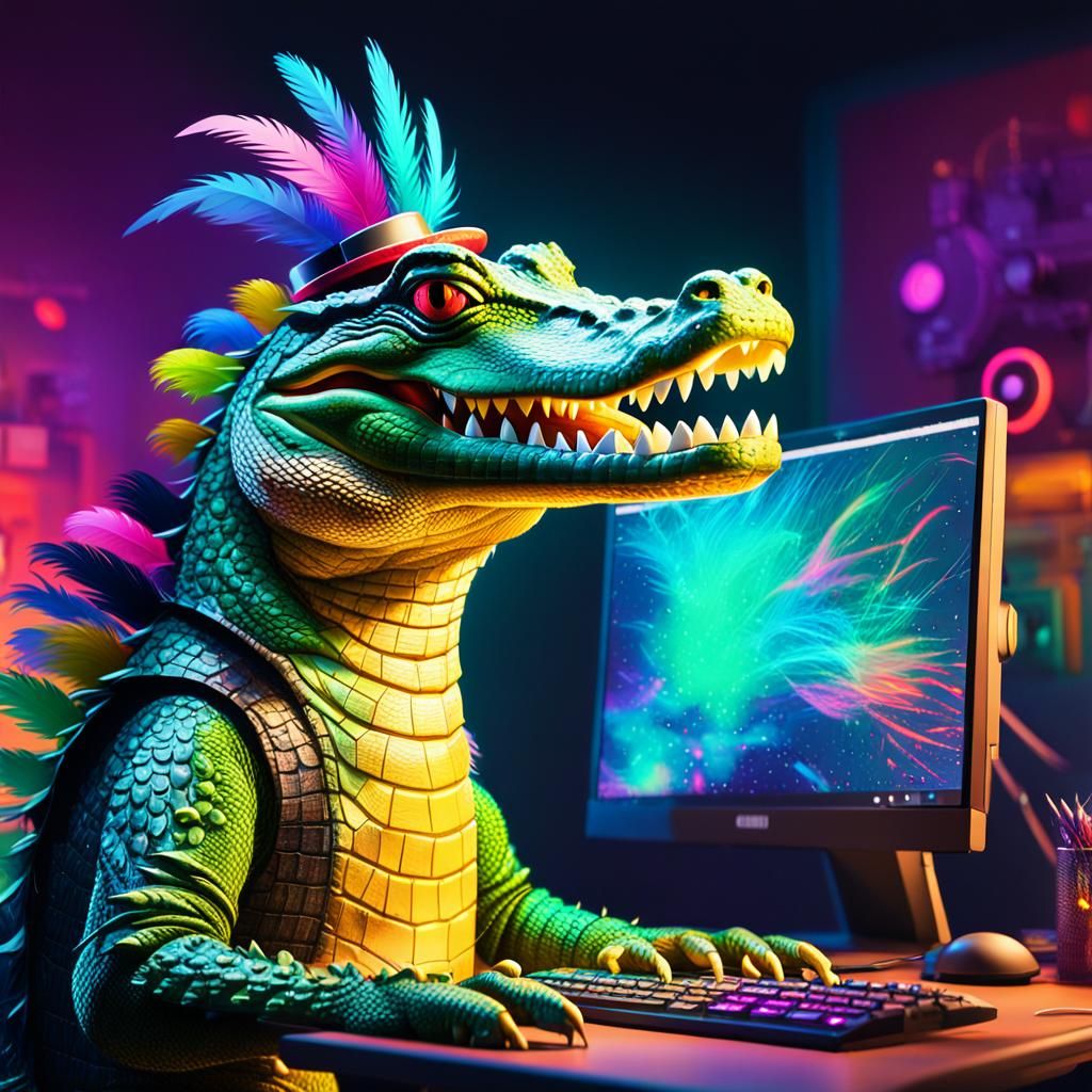 Anthropomorphic Crocodile Watches Twitch Stream in Vibrant D...