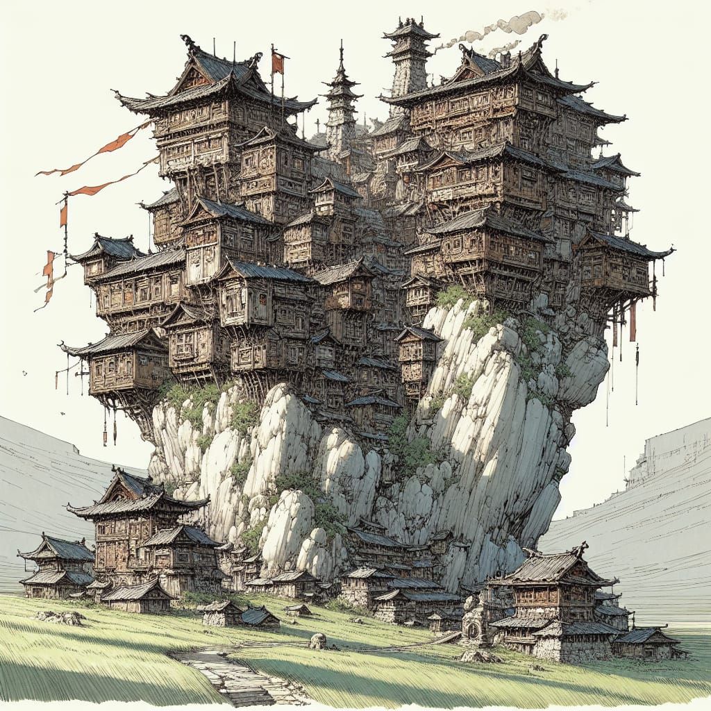Fantasy Tower Village in Anime Style