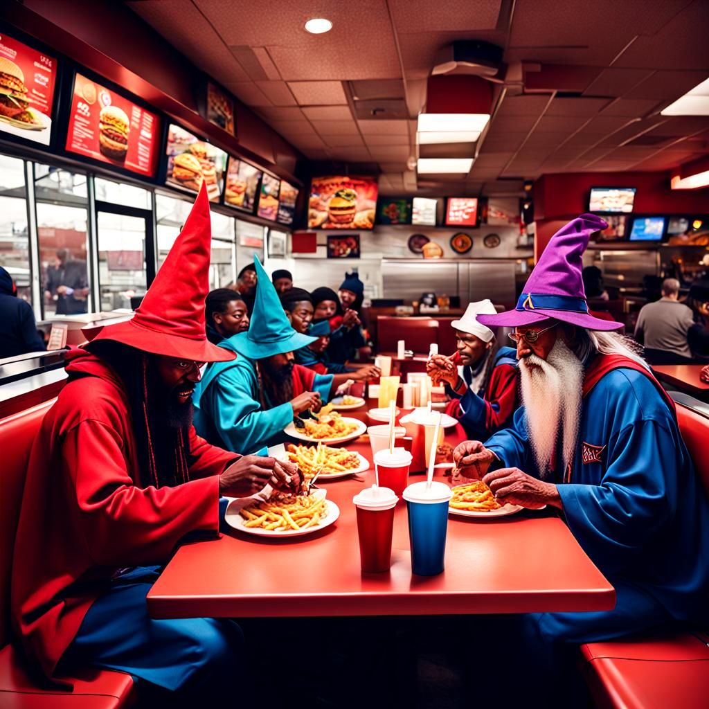 Wizards Order Takeout in Fast Food Restaurant