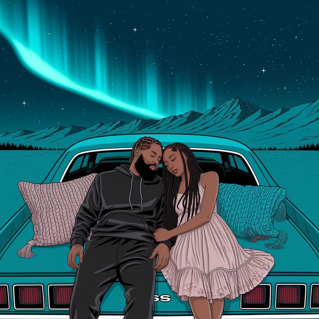 Couple Cuddling on Camaro Trunk Stargazing Under Aurora