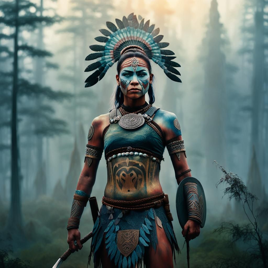 Female Warrior in Misty Forest: Impressionist Oil Painting