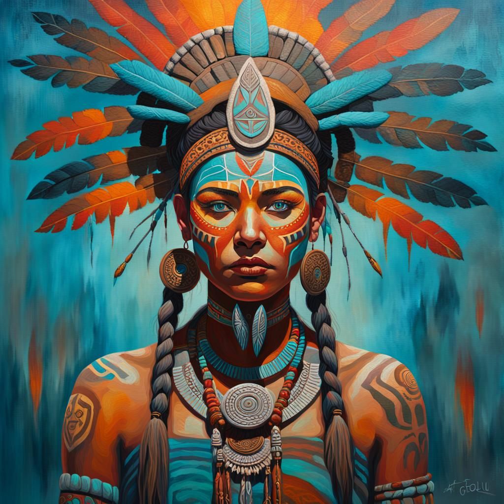 Proud Warrior in Oil Painting With Tribal Symbols