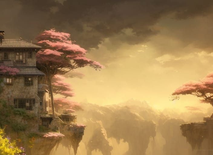 Detailed Landscape with Stone House in Anime Art Style