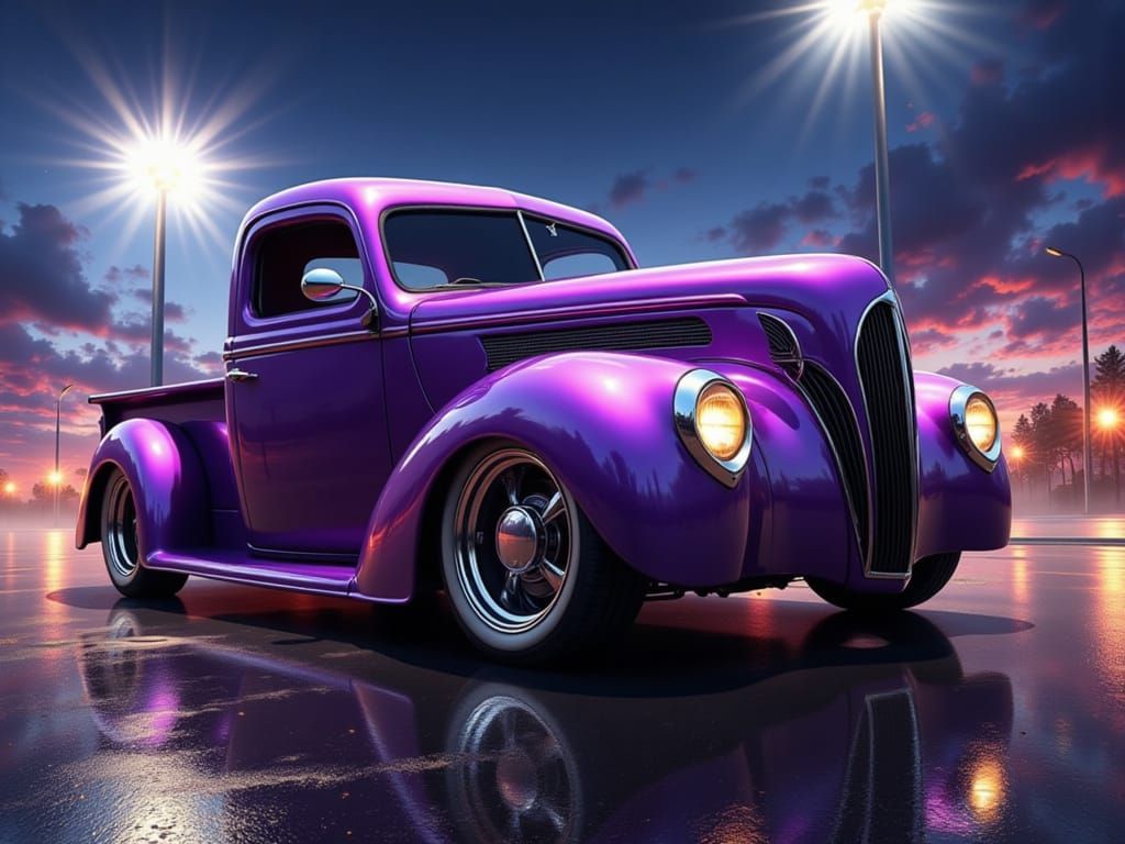 Purple Hot Rod Speeds Over Trucks in Gritty Photo-Realistic ...