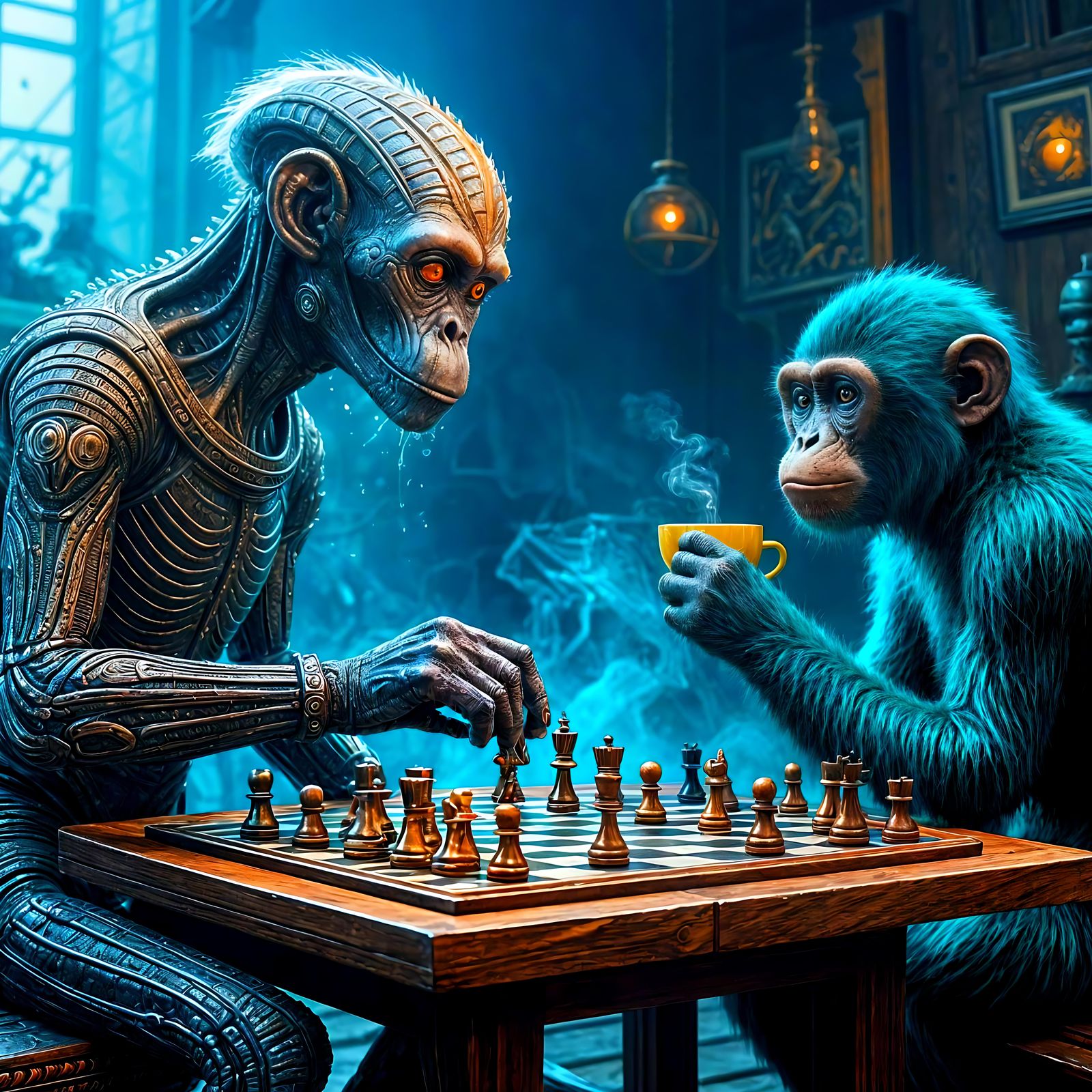 Alien and Monkey Chess Game in Extraterrestrial Setting