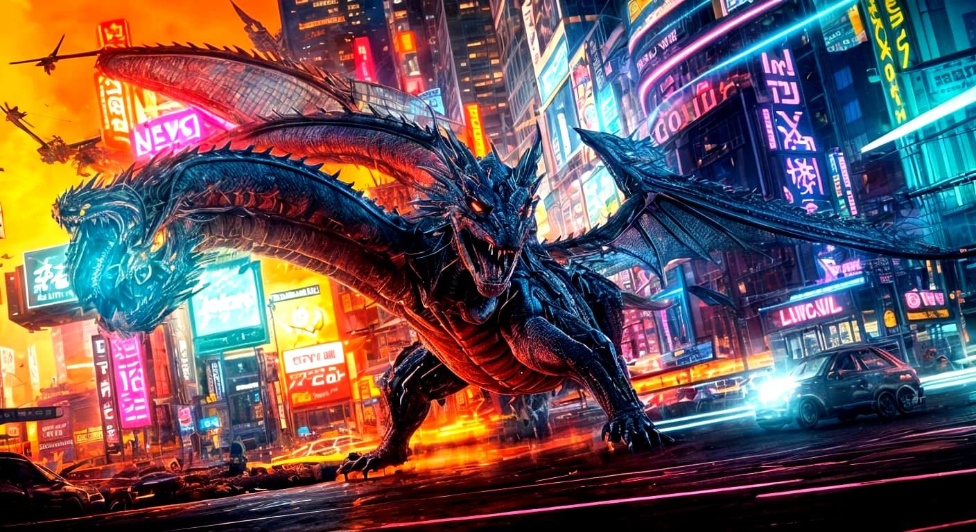 Giant Bio-Mechanical Dragon in Neon Cityscape