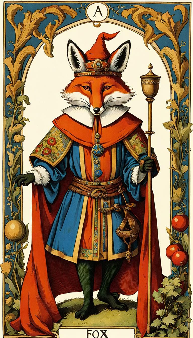 Fox as The Fool Tarot Card in Medieval Style