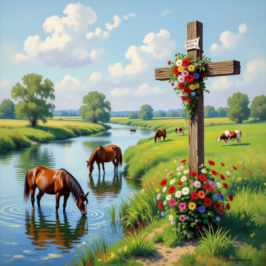 Floral Cross at River, Impressionist Landscape
