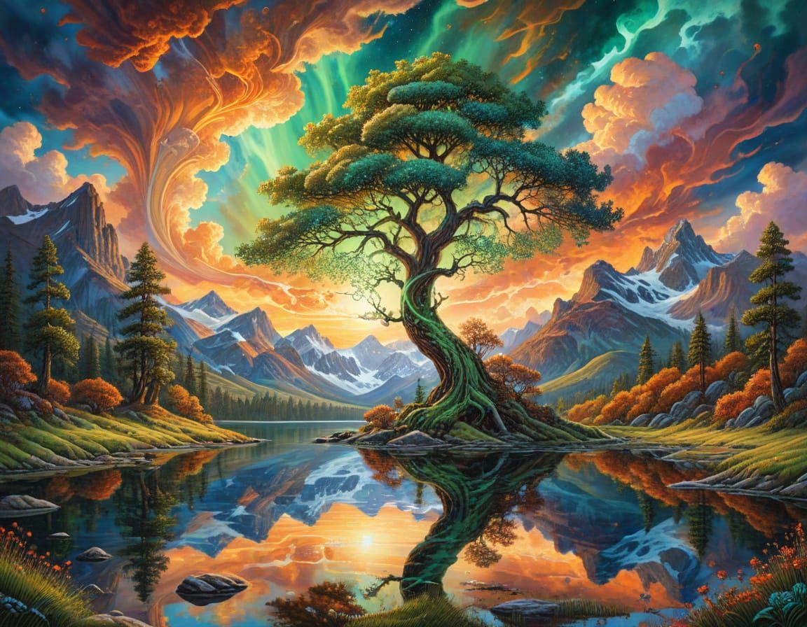 Surreal Tree Arches in Mountain Landscape