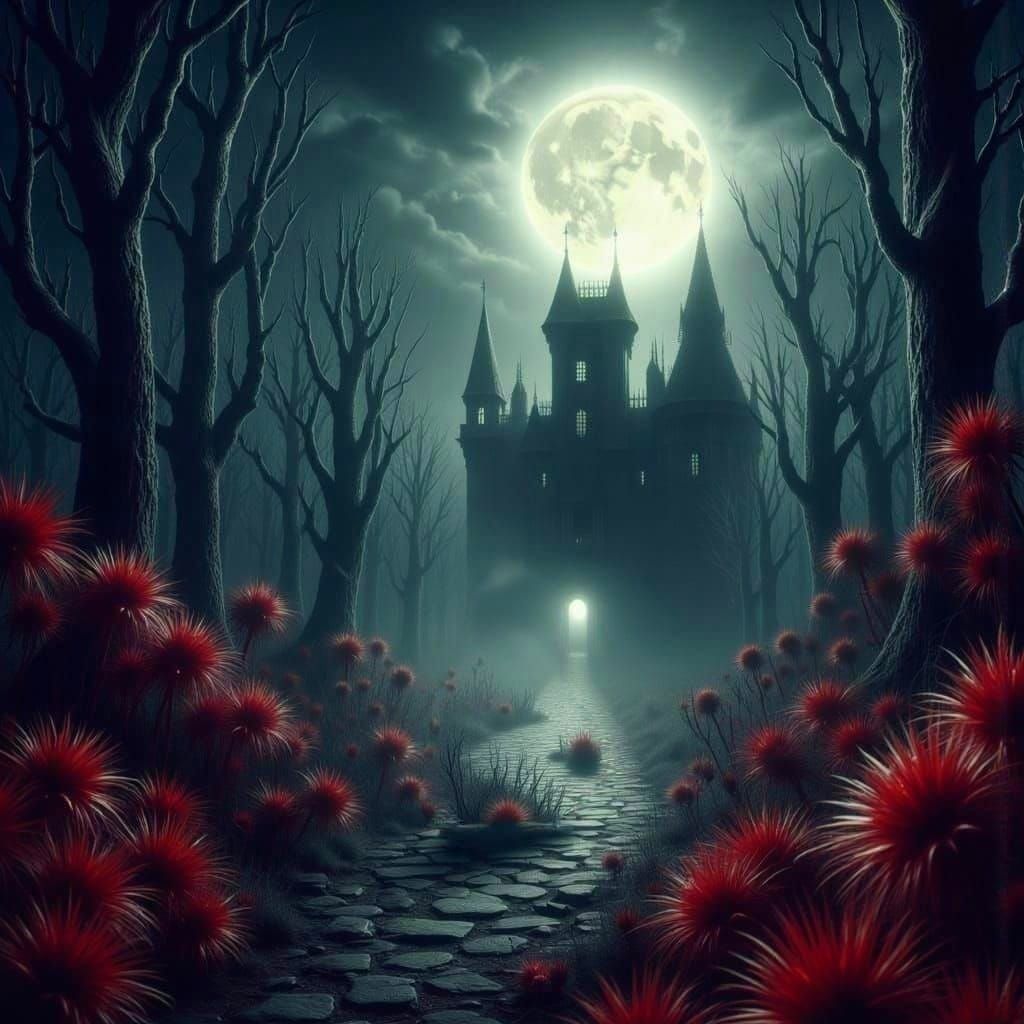 Sinister Path to Vampire Castle with Blood-Flowers